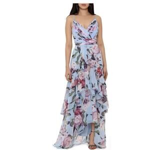 Xscape NWOT Chiffon V-neck Gown Dress Blue Floral Size M